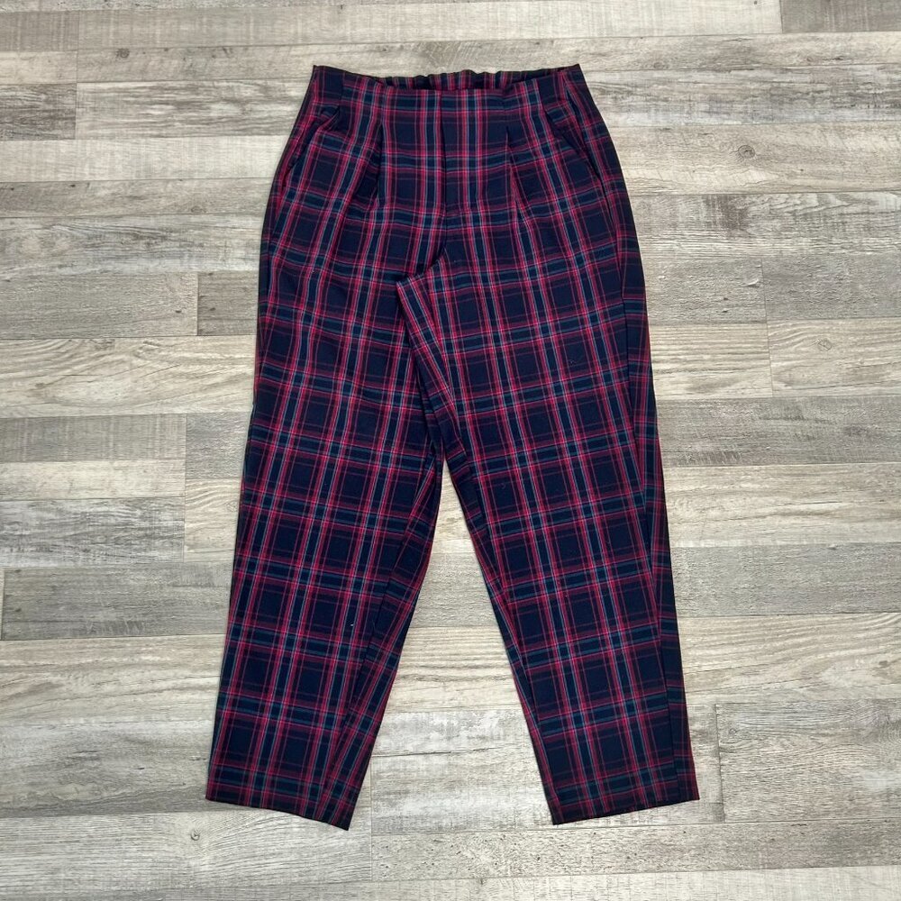 A New Day Plaid Cropped Pants Size 2 Relaxed, Tapered Leg, Blue Pink S2